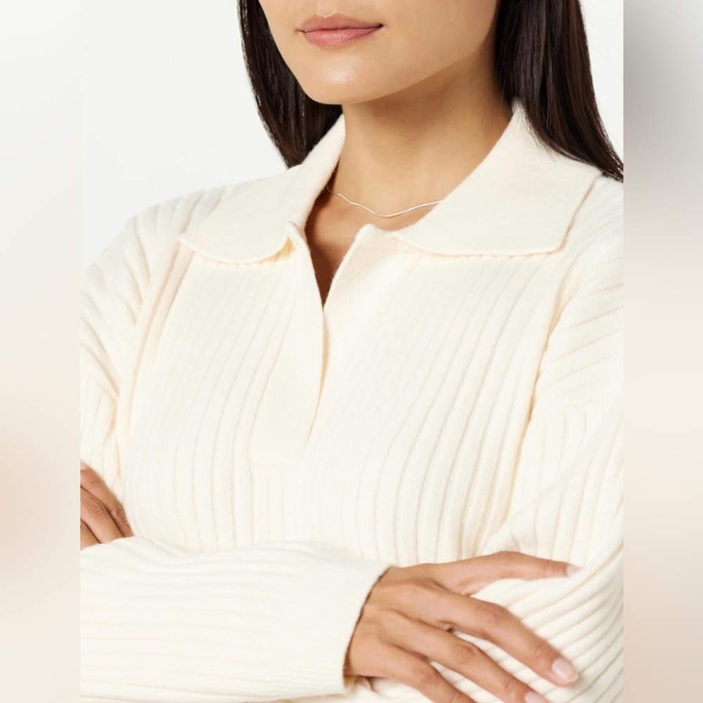 The Drop Women's Marcy Ribbed Polo Pullover Cropped V-neck Top Sweater Size XL - Picture 3 of 10